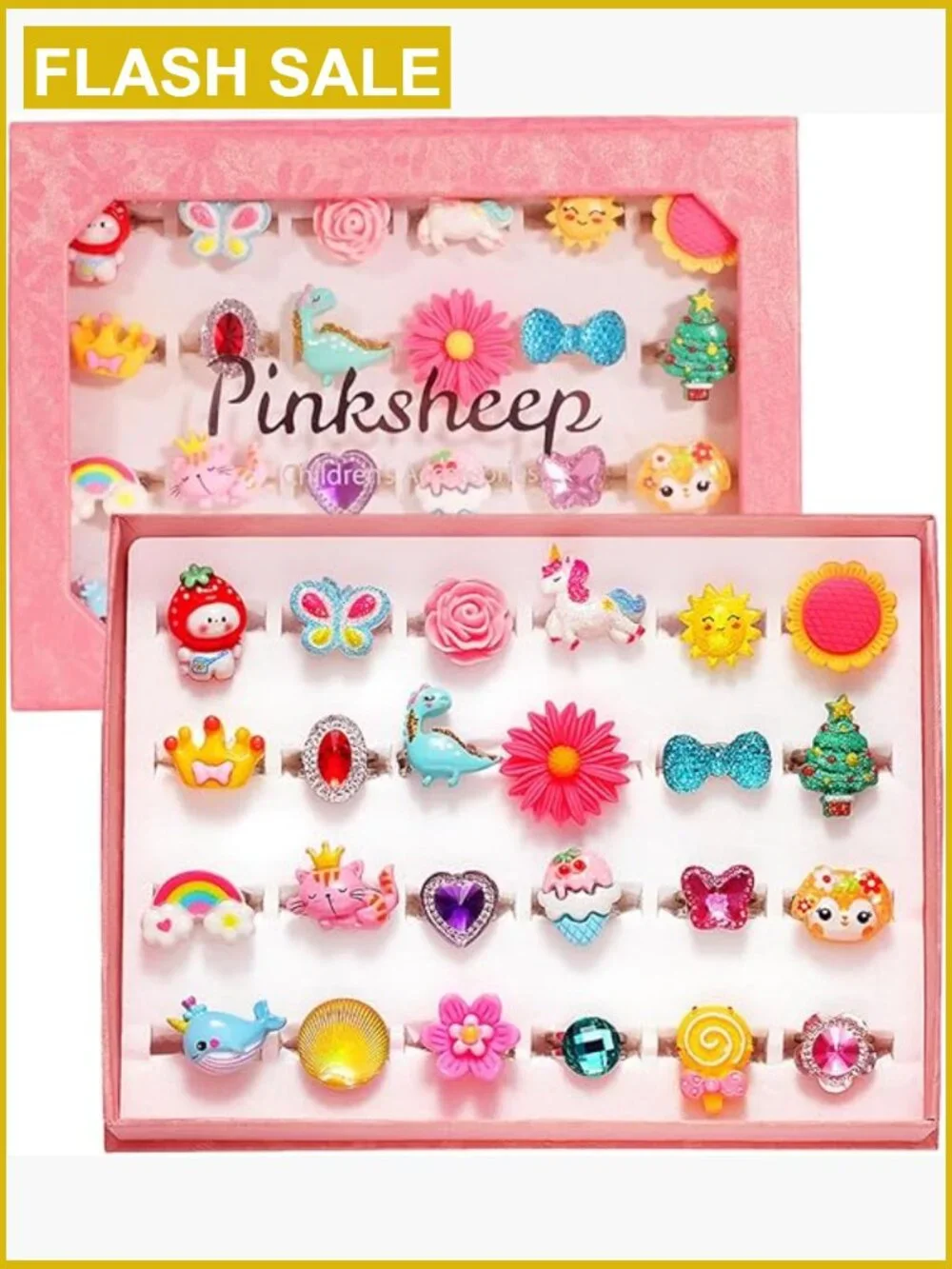 24 Adjustable Dress Up Rings in Gift Box, Pretend Play Jewelry Set